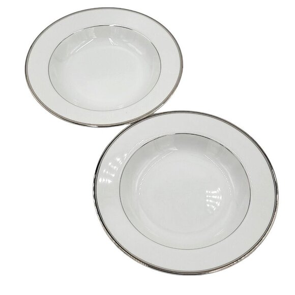 2 Mikasa Classic Platinum Rimmed Soup Pasta Bowls Wide Rim White Platinum L3202 - Picture 2 of 8
